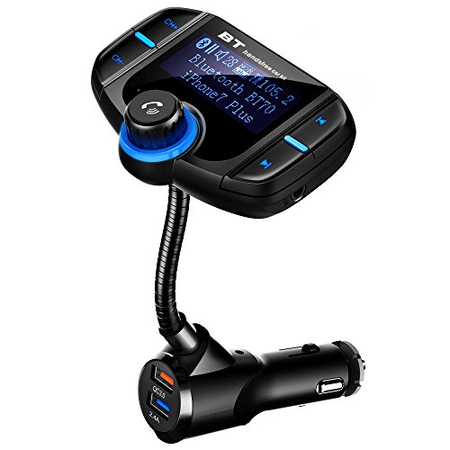 Transmisor FM Bluetooth 4.2 Coche, QC 3.0 + 2.4A Puerto USB de Manos Libres Adaptador Radio[Trabajar con Siri] con 1.7" Pantalla, Micro SD, AUX, Carga Rapida para iPhone, Samsung, Android, Tabletas