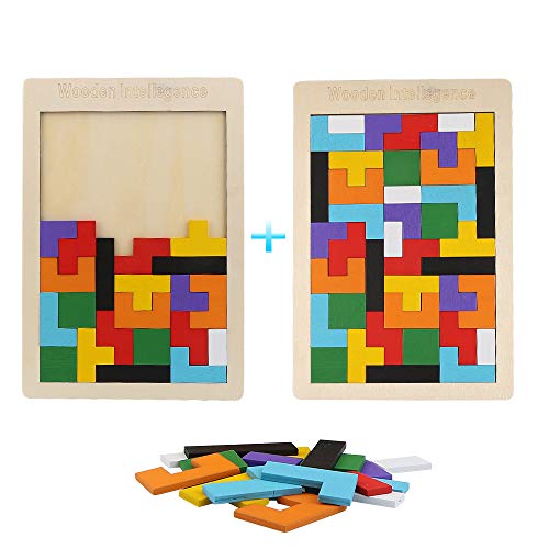 Vegena 2 Piezas Tetris del Juguete Madera, Tangram Rompecabezas Juego Juguetes Educativos Brain Teaser Toy, Rompecabezas Educativo Montessori de Madera para Niños Mejor Regalo Educativo Temprano