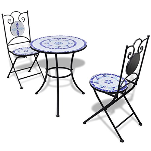 vidaXL Set Mueble Mesa Mosaico 60 cm y 2 sillas jardín Patio Color Azul Blanco
