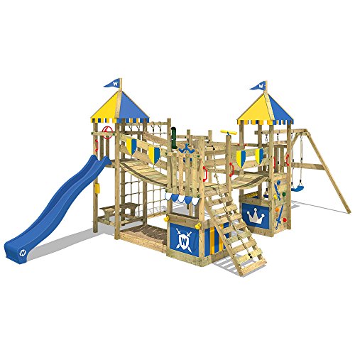 WICKEY Parque infantil de madera Smart King con columpio y tobogán azul, Torre de escalada da exterior con arenero y escalera para niños