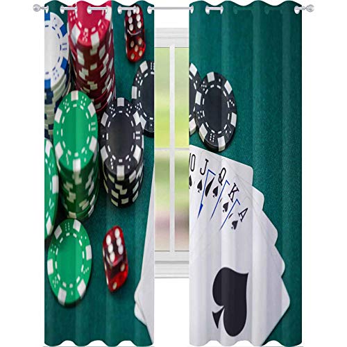 YUAZHOQI Cortinas opacas para dormitorio fichas de póquer dados y combinación de tarjetas reales en mesa de juego 52 x 72 pulgadas cortinas personalizadas