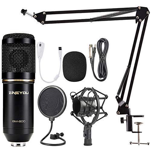 ZINGYOU Microfono de Condensador Kit, BM-800 Micro Set Estudio Profesional, Micrófono Escritorio con Pie&Brazo para PC,Grabar,Gaming,Podcast(Negro)