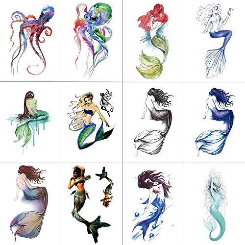 12 tatuajes temporales adhesivos Wyuen en forma de pulpo y sirena. Arte corporal de moda para hombres y mujeres. Resistentes al agua. 9,8 x 6 cm (W12-09)
