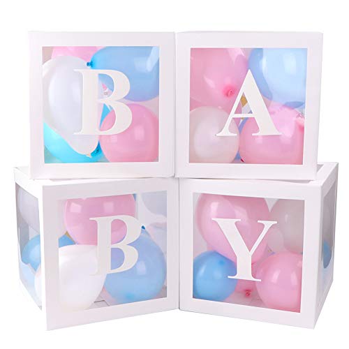 4 cajas de decoración para fiestas de baby shower, cajas de globos transparentes blancas con 30 globos y 29 letras para decoraciones navideñas de fiesta de cumpleaños de baby shower