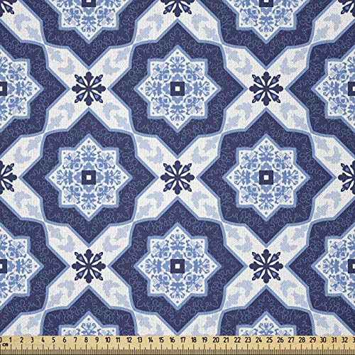ABAKUHAUS Marroquí Tela por Metro, Detalle Floral Antiguo, Microfibra Decorativa para Artes y Manualidades, 2M (230x200cm), Oscuro Azul Turquesa Y Blanco