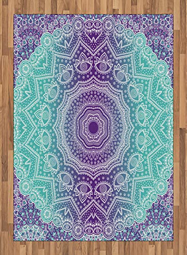 ABAKUHAUS Púrpura y Turquesa Alfombra de Área, Mandala Degradé Hippie Paz Interior Meditación con Arte Ornamental, Material Durable Resistente a Las Manchas Apta Lavadora, 160 x 230 cm, Púrpura