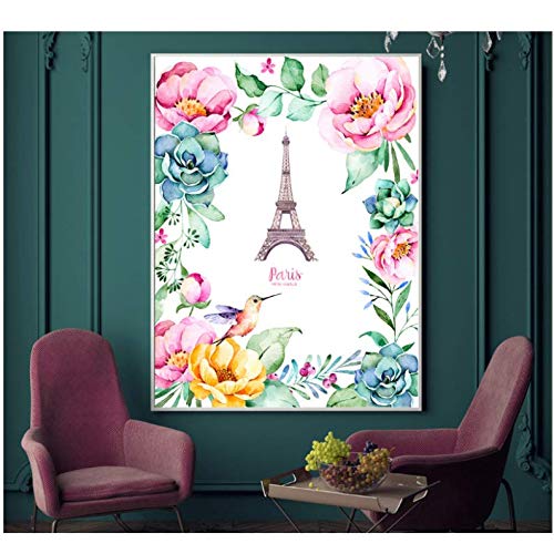 Acuarelas plantas flores y Torre Eiffel lienzos decoración de arte de pared para salón 50x70cm Sin marco