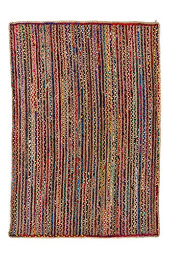 Alfombra de Yute rectangular Multicolor Mexi, alfombra natural de fibra de yute y algodón tejida a mano con fundamentos de comercio justo - Alfombra de salón, dormitorio, pasillos, exterior (90, 60)