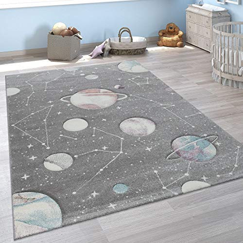 Alfombra Infantil Juego Planetas Y Estrellas para Dormitorio Niños En Gris, tamaño:120x170 cm