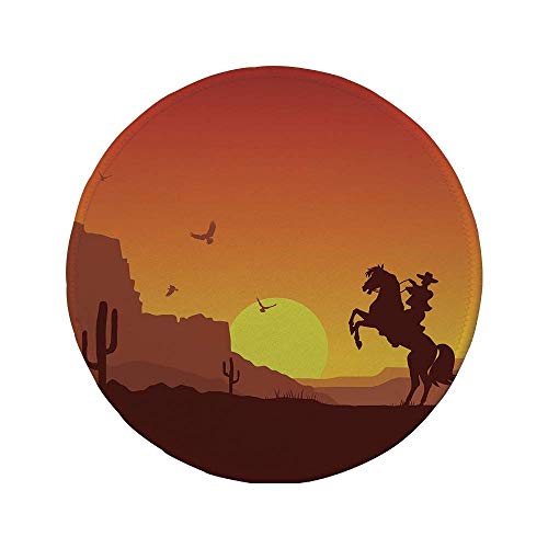 Alfombrilla de ratón Redonda de Goma Antideslizante Occidental Desierto del Salvaje Oeste Americano con Vaquero a Caballo Cactus Sunset Tierras áridas Decorativo Naranja Amarillo marrón 7.9"x7.9"x