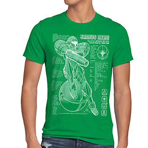 A.N.T. Samus Cianotipo Camiseta para Hombre T-Shirt Metroid Nerd Gamer NES SNES Switch, Talla:3XL, Color:Verde