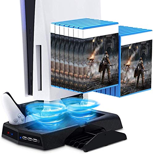Arespark Soporte Vertical para Controladores PS5 con 2 Ventiladores, Refrigeración para Sony Playstation 5, Estación de Carga con 14 Bandejas de Almacenamiento de Discos de Juegos Retráctiles