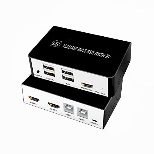 Bawanfa HDMI KVM Switch Conmutador USB 2 Puertos, USB 2 Puertos Ordenador KVM Interruptor Teclado Ratón Switcher Box Soporte 4K@30Hz, Soporte de Tecla de Acceso Rápido, con 2 Cables USB, 1 Cable Botón