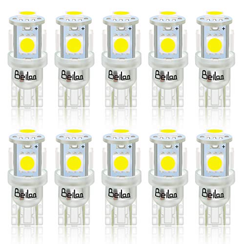 BeiLan T10 LED Bombillas W5W 168 194 2825 501 5SMD 5050 6000K LED Lámpara de reemplazo Blanco puro para lámparas de lectura de automóviles Placas de matrícula Lámparas (paquete de 10)