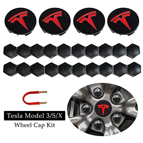 BMZX Tesla Model 3 Model Y Model S Model X Tapacubos, juego de 4 unidades de tapacubos centrales y 20 unidades cubiertas de tuerca de rueda (rojo)