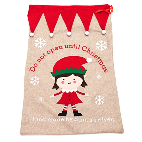 Burlap Hessian girl Elf Hecho a mano por los duendes de Santa Saco de Navidad 85cm Extra grande bolsa de Navidad Medias de Navidad