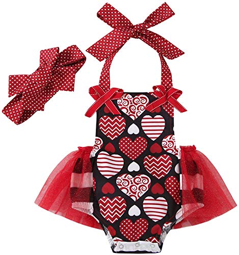 Carolilly Conjunto de 2 piezas de bebé con estampado de corazón rojo + diadema para el pelo de bebé sin mangas tutú vestido Valentine's Day Body niña 0 – 24 meses Rosso C 9-12 Meses