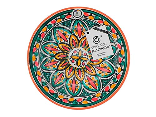 CERÁMICA RAMBLEÑA | Plato Decorativo para Colgar en Pared | Plato de cerámica | Rojo-Verde-Amarillo | 100% Hecho a Mano | 27x27x4,5 cm
