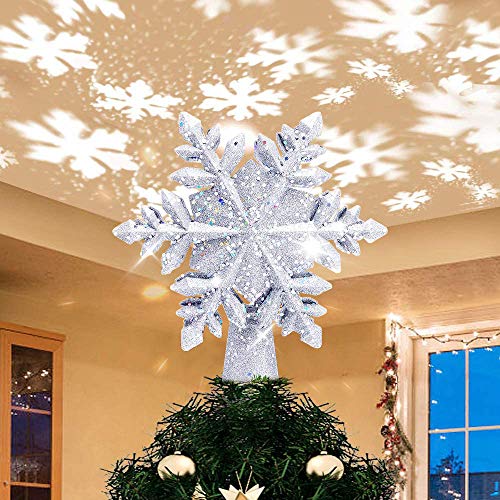 Charlemain Luz LED para Árbol de Navidad con Proyector LED de Copo de Nieve Giratorio, Estrella de Árbol Navidad Plateado Iluminado, Decoración Adornos Copa del árbol de Navidad, Enchufe Alimentado