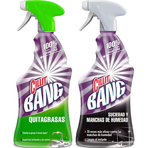 Cillit Bang - Spray limpiador quitagrasas, para cocinas y spray suciedad y manchas de humedad, para baños - Pack 2 x 750 ml