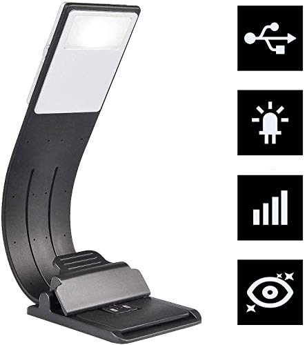 Clip en la luz LED de marcador, lámpara de lectura recargable USB, cuidado de los ojos ajustable Brillo flexible de 4 niveles para lectura, cuello de metal flexible de goma suave
