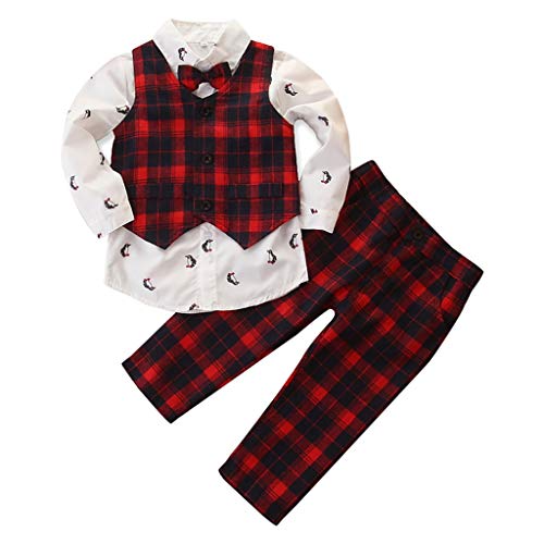 Conjunto de ropa de niños de 0 a 10 años de edad, 3 piezas de niños de moda casual impresión camisa de manga larga chaleco pantalones de cuadros conjunto de ropa para bebé, rojo, 4-5 Años Old