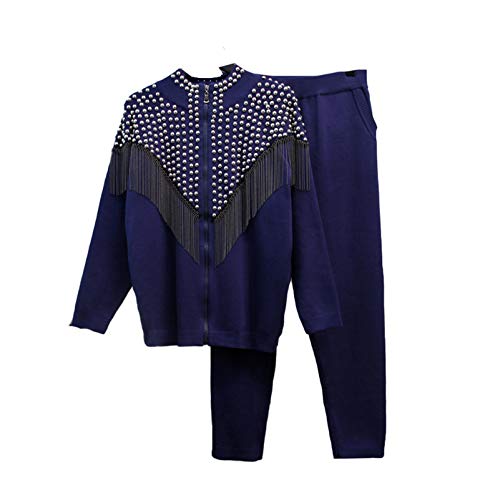 Conjunto de suéter de Mujer Moda con Borla de Diamantes Chaqueta de Punto Abrigo Pantalones Casuales Conjunto de Dos Piezas Purple XXL