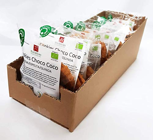 Cookies ecológicas de Avena, Espelta y Quinoa con COCO y CHOCOLATE (pack de 15 bolsitas compostables de 70 gr, peso total 1.050 kg)