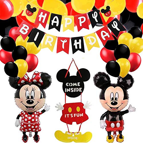 Decoraciones de Cumpleaños de Mickey Mouse,Mickey Mouse con Globos Rojos,Negros y Amarillo Guirnalda Feliz Cumpleaños,Pancarta de Feliz Cumpleaños para Niños Cumpleaños de Chicas Baby Shower
