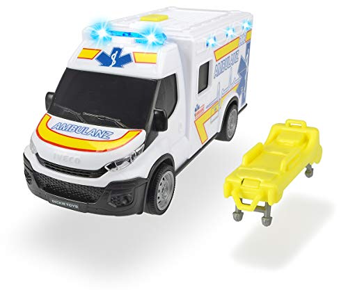 Dickie Toys Iveco Daily Ambulance-Cochecito de Rescate, Trage-Coche de Juguete (Puerta Trasera, luz y Sonido, Incluye Pilas, 18 cm, a Partir de 3 años), Color Blanco (203713012)