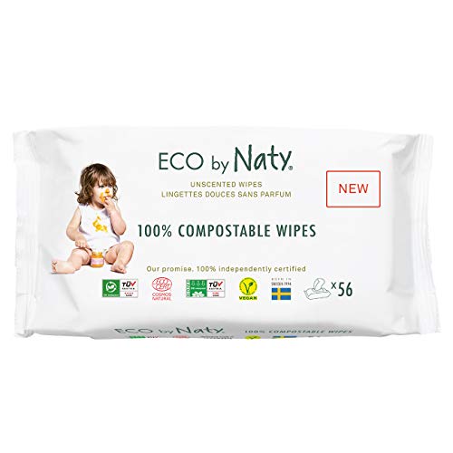 Eco by Naty Toallitas sin Fragancia para bebé, 672 unidades (12 paquetes de 56), Toallitas húmedas compostables hechas a base de fibras vegetales. 0% plástico. Sin sustancias nocivas.