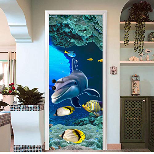 Etiqueta Autoadhesiva De La Puerta 3D Dolphin Wallpaper Dormitorio De Los Niños Etiqueta De La Puerta Del Baño Pvc Impermeable Para El Hogar Decoración 3D Mural 95 * 215 Cm