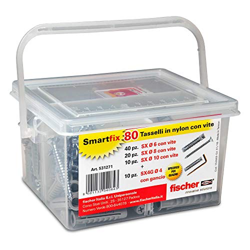 Fischer 531271 Kit SmartFix Box tacos con tornillo con gancho para Murature llenos y perforar, Gris, Juego de 80 piezas