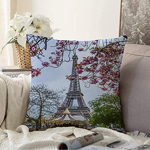 Funda de cojín Fundas de almohada Landmark Eiffel en la torre Spring Cherry Travel Blossom Tree Famoso en el carrusel de París con hitos Fundas de almohada decorativas Funda de Cojine 45 X 45CM
