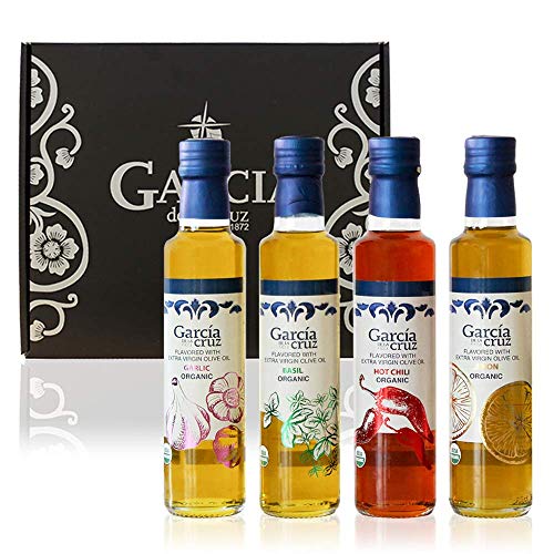 García de la Cruz - Set de Regalo de Aceite de Oliva Virgen Extra Ecológico Aromatizado (Ajo, Albahaca, Chili y Limón) - Pack de 4x250 ml Botellas de Vidrio