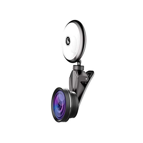 HULYZLB Selfie la luz del anilloLente para teléfono Celular 4 en 1 con luz de Relleno LED, 150 ° Gran Angular, 50X Lente Macro Clip-on Camera Kit de Lentes Ojo de pez para teléfono móvil,B