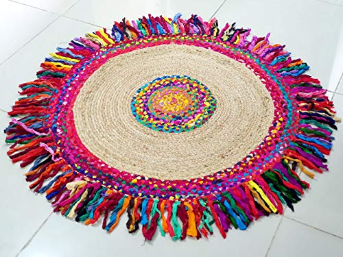 Indian-Shoppers Hippie - Alfombra redonda de tela de yute bohemia tradicional tejida a mano, hecha a mano, hecha a mano, redonda, para asiento de yoga, bohemio, vintage, decoración para el suelo