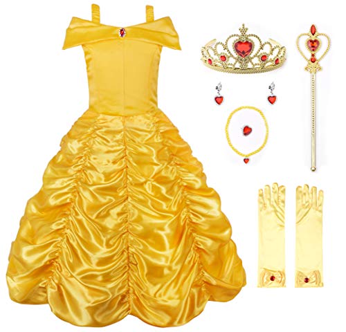 JerrisApparel Niña Princesa Disfraz Fuera del Hombro Cosplay Partido Vestido (3 años, Amarillo con Accesorios)