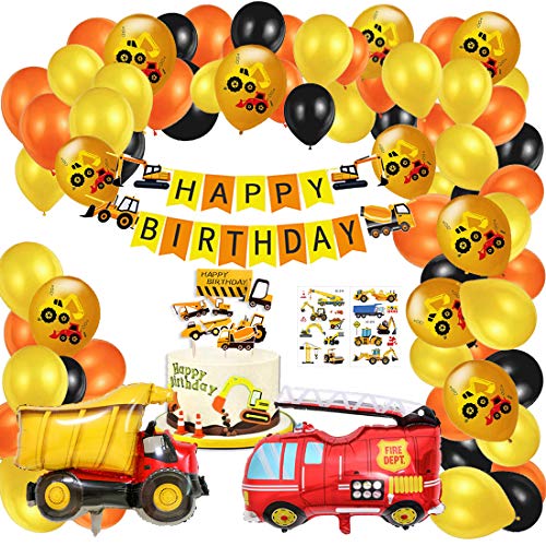Juego de 57 decoraciones para fiesta de cumpleaños de BAU, pancartas de feliz cumpleaños, globos de aluminio de camión de bomberos, globos de excavadora, adornos para tartas, pegatinas
