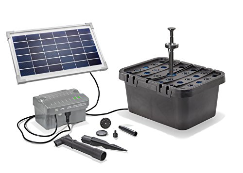 Kit solar de filtrado de estanques Starter, caudal máximo: 300 l/h, potencia: 8 W, módulo solar + acumulador de  6V/3,2 Ah + iluminación LED hasta 500 l, estanque de jardín 101068
