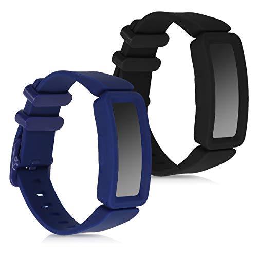 kwmobile 2X Pulsera Compatible con Fitbit Ace 2 - Brazalete de Silicona Negro/Azul Oscuro sin Fitness Tracker