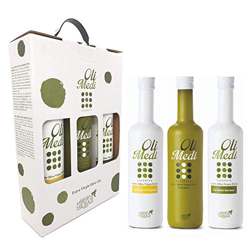 OLIMEDI | Estuche Regalo de Aceite de Oliva Virgen Extra Premium | Set de 3 variedades: Ecológico, Arbequina y Serrana (3 x 500 ml) | AOVE 100% Natural producido en España