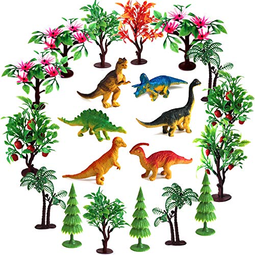 OrgMemory Adornos de árboles para decoración de tartas, modelismo, árboles con base, 21 piezas, figuras de dinosaurios para decoración en miniatura o decoración de tartas (dinosaurios y árboles)