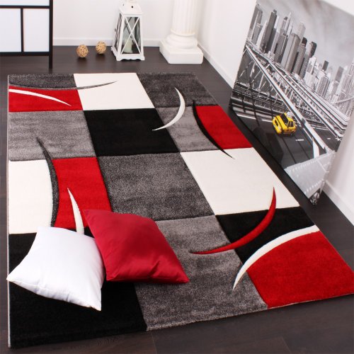 Paco Home Alfombra De Diseño Perfilado - A Cuadros En Rojo Negro, tamaño:200x290 cm