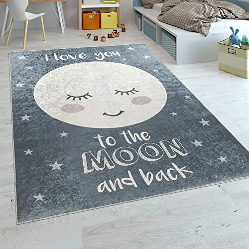 Paco Home Alfombra Habitación Infantil Niña Lavable Estrellas Luna Adorable Frase Gris, tamaño:140x200 cm