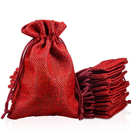 PAMIYO 30 Unidades Rojo Yute Sacos de Yute Bolsa, Calendario de Adviento Yute Bolsa tamaño 10 cm x 14 cm Calendario de Adviento plástico Bolsa Natural bolsitas para Regalo – Navidad
