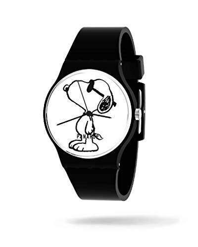 Panapop Joe Cool Reloj de Pulsera para Mujer con Correa Negra de Silicona, Snoopy Licencia Oficial, Peanuts Analógico y Original con Hebilla HQ Premium