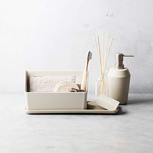 Point-Virgule Set de baño de 3 piezas con dispensador de jabón, bandeja y soporte para cepillos de dientes, accesorio decorativo para cuarto de baño, color natural