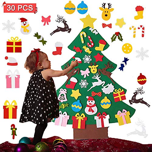 Queta Árbol de Navidad Fieltro, Árbol de Navidad Artificial para Niños con Adornos Desmontables, Regalos para Navidad Año Nuevo Decoración de Pared(100 x 77cm)