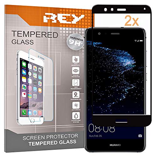 REY 2X Protector de Pantalla 3D para Huawei P10 Lite, Negro, Protección Completa, 3D / 4D / 5D